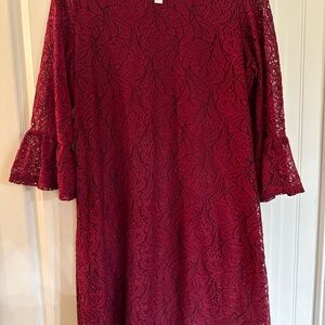 Tacera Red Sheath lace Dress with Bell Sleeves